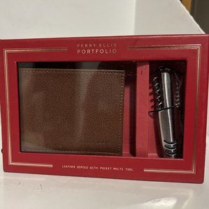 Perry Ellis Mens Keychain Set Bifold Wallet With Pocket Multi Tool Light Brown